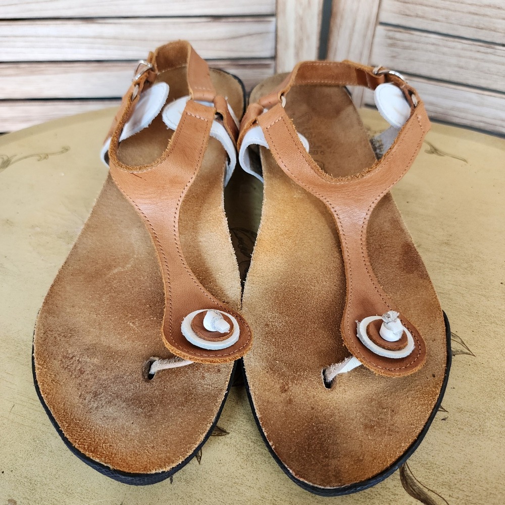 Swedi EU 40 US 9 Brown Leather T Strap Cork Sandal Boho Resort Quiet Luxury